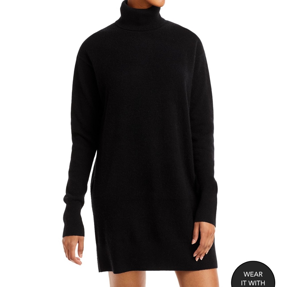Aqua Bloomingdales 100% Cashmere Turtleneck Sweater Dress Black Large MSRP $198
